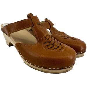 Maguba Nairobi Clog Wedge Heel Leather Woven T-Strap Scandinavian Tan 9
